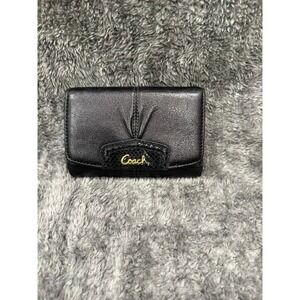 Coach Black Leather Trifold Wallet Pleated Snakeskin Trim Gold Logo Compact